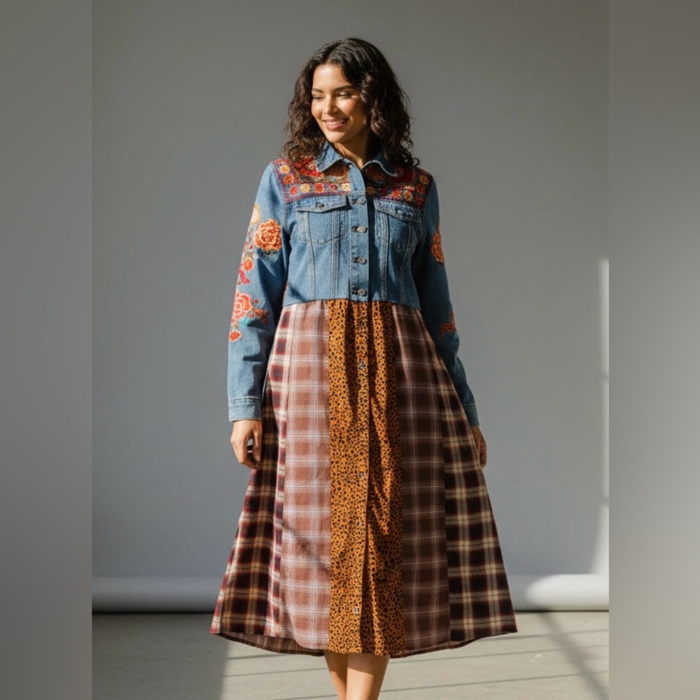 Floral Embroidered Denim Dress - Picture 2 of 10